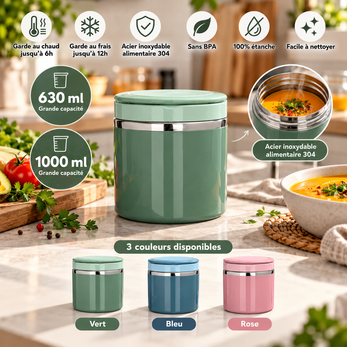 Pot repas isotherme vert et présentation des modèles vert, bleu et rose en 630 et 1 000 ml