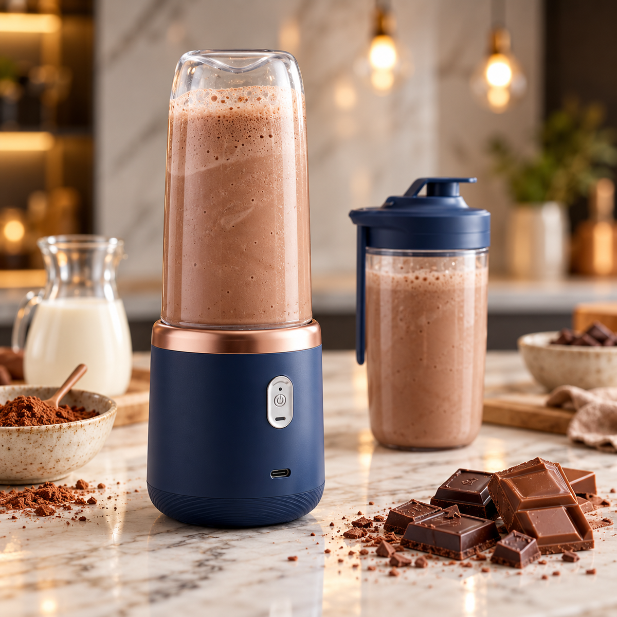 Mixeur bleu marine et gobelet de milkshake chocolaté, avec du lait, du cacao et du chocolat