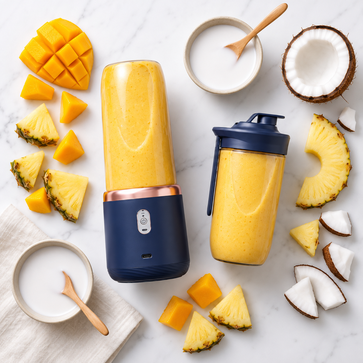 Mixeur bleu marine et gobelet de smoothie jaune entourés de mangue, d’ananas et de noix de coco