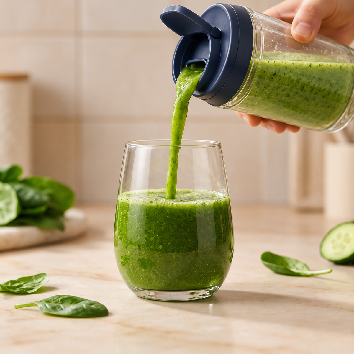 Soupe froide verte versée depuis le gobelet du mixeur dans un verre, avec des rondelles de concombre