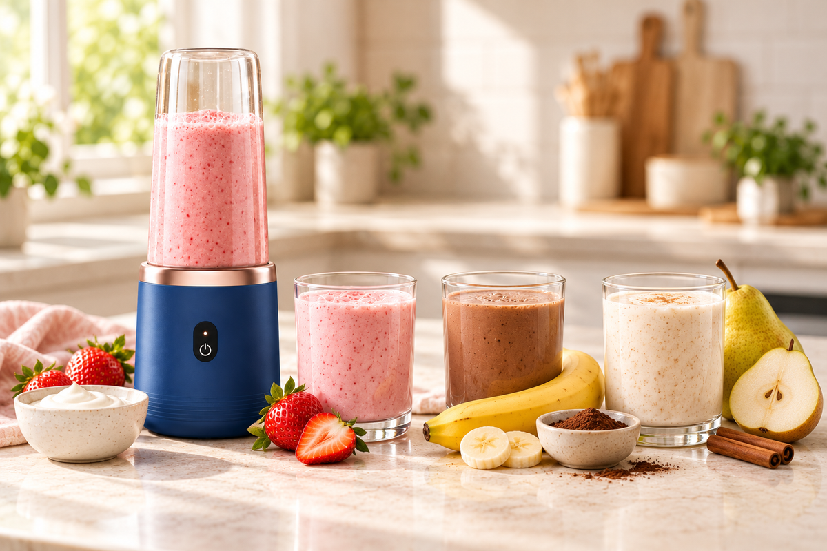 Mixeur bleu et trois boissons maison : fraise-yaourt, banane-cacao et poire-cannelle, avec leurs ingrédients.