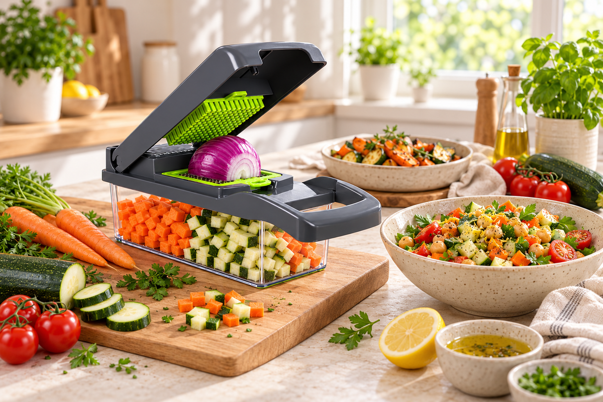 Découpe-légumes avec légumes frais, salade de concombre, carotte et pois chiches, et légumes rôtis dans une cuisine lumineuse.