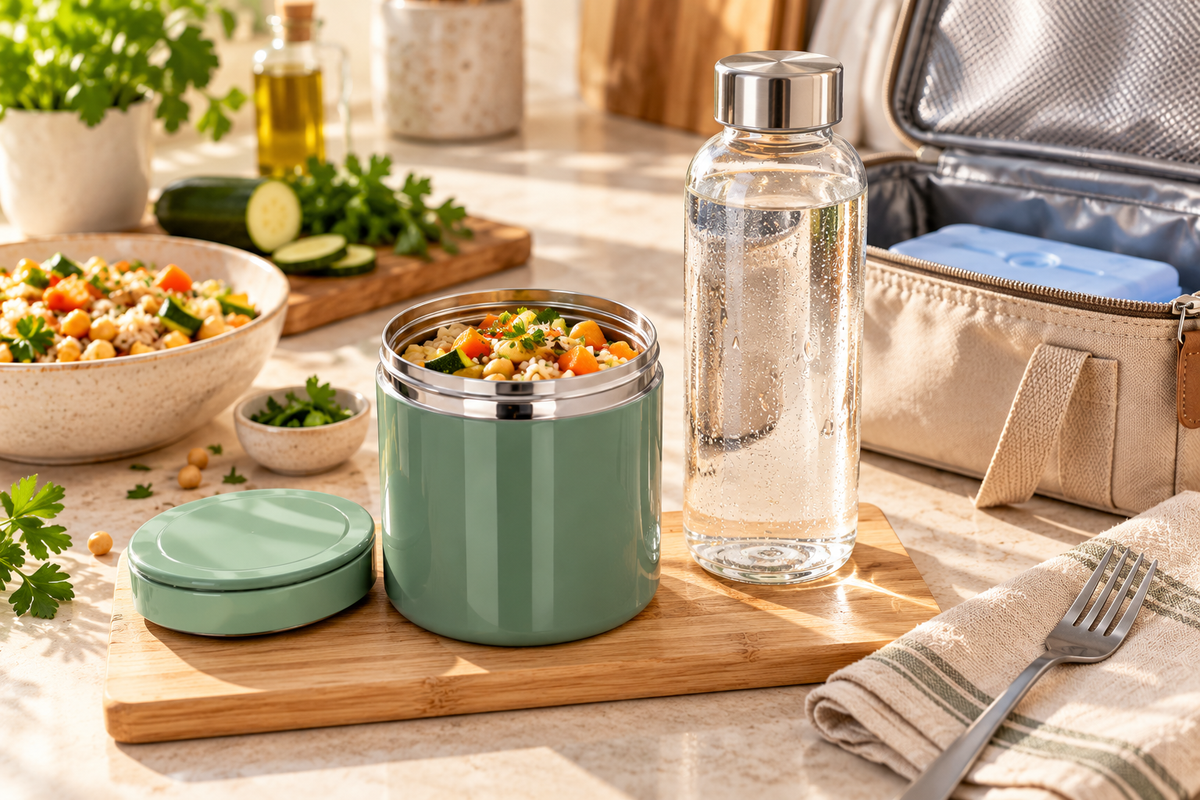 Pot repas vert rempli de riz, légumes et pois chiches, bouteille d’eau en verre et sac isotherme avec bloc réfrigérant.