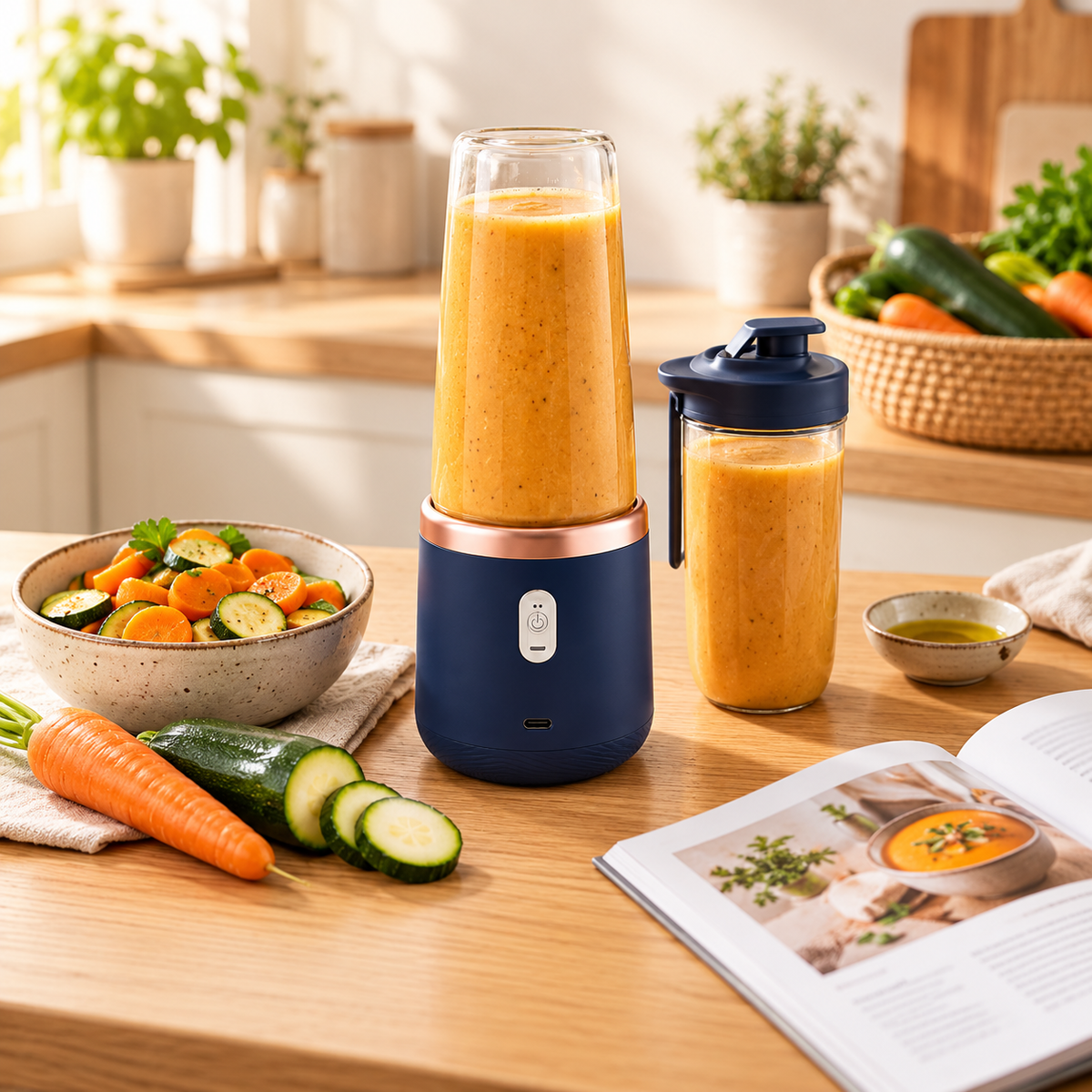 Mixeur bleu marine et gobelet de purée orange, accompagnés de carottes, de courgettes et de légumes cuits
