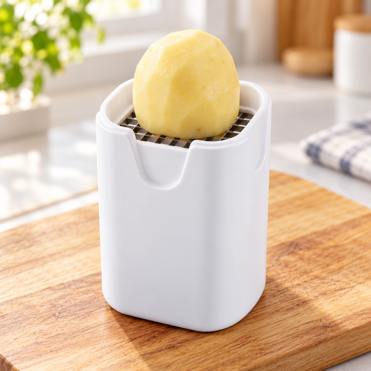 Coupe-frites blanc BLENIX avec une pomme de terre épluchée sur la grille