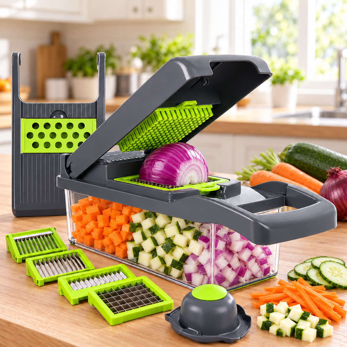 Découpe-légumes gris et vert avec oignon sur la grille, légumes en dés dans le bac et accessoires