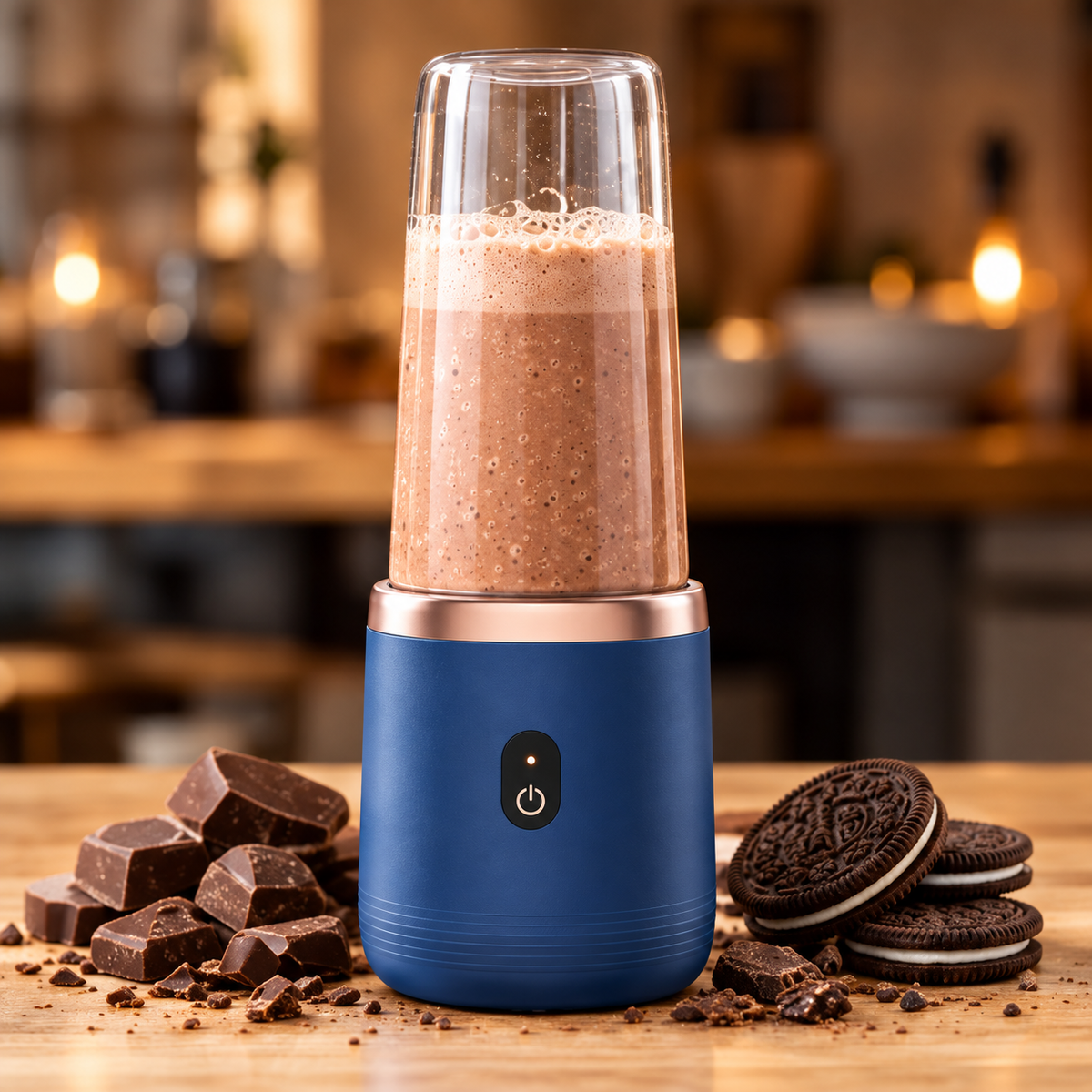 Mixeur portable bleu marine contenant une boisson chocolatée, avec du chocolat sur le plan de travail