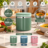 Pot repas isotherme vert et présentation des modèles vert, bleu et rose en 630 et 1 000 ml