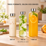 Bouteilles en verre de 500, 750 et 1 000 ml avec boissons et bouchons argentés