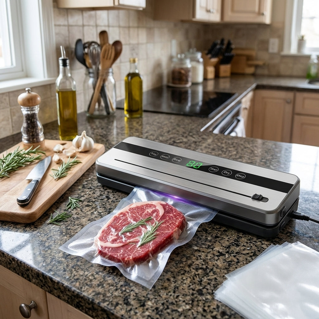 Machine sous vide alimentaire BLENIX dans une cuisine avec un sachet de viande